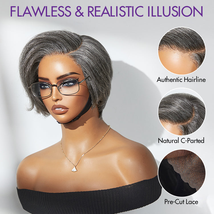 Worth I Salt and Pepper Short Pixie Cut Wig Glueless Minimalist HD Lace Grey Wig Pre-Cut Lace