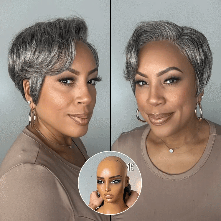 Worth I Salt and Pepper Short Pixie Cut Wig Glueless Minimalist HD Lace Grey Wig Pre-Cut Lace