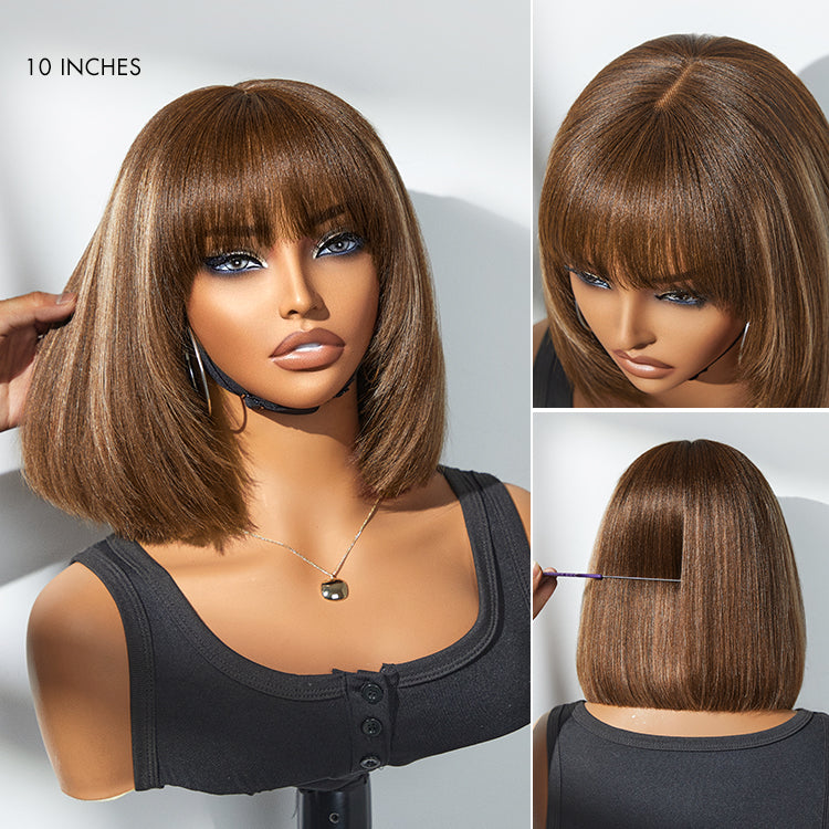 Put On and Go Brown Highlight / Natural Black Layered Cut Yaki Straight Minimalist Lace Bob Wig with Bangs