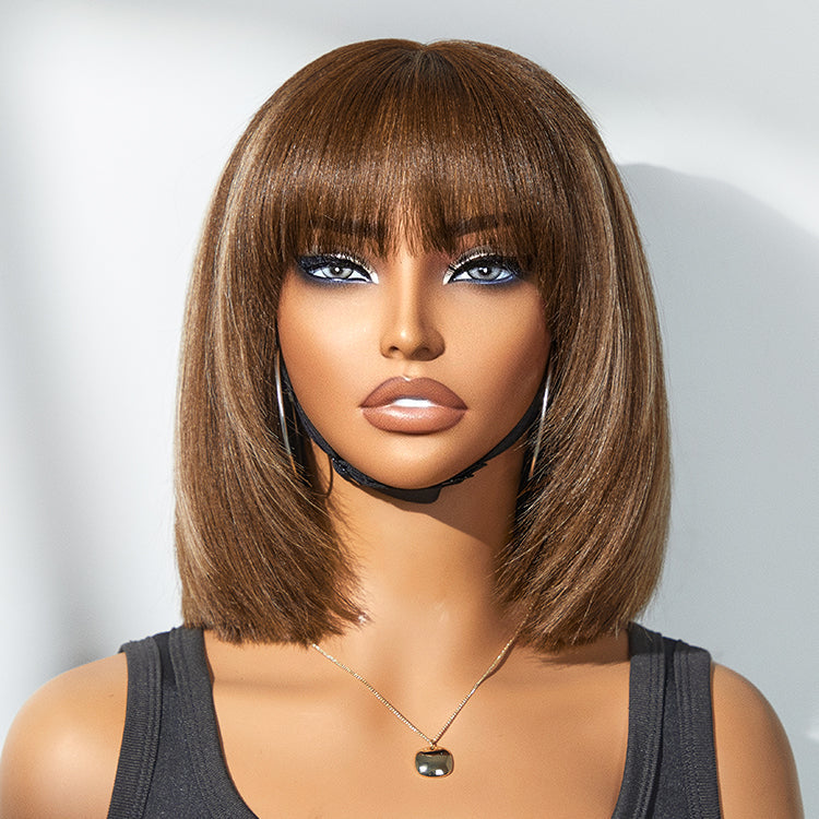 special I Put On and Go Brown Highlight / Natural Black Layered Cut Yaki Straight Minimalist Lace Bob Wig with Bangs