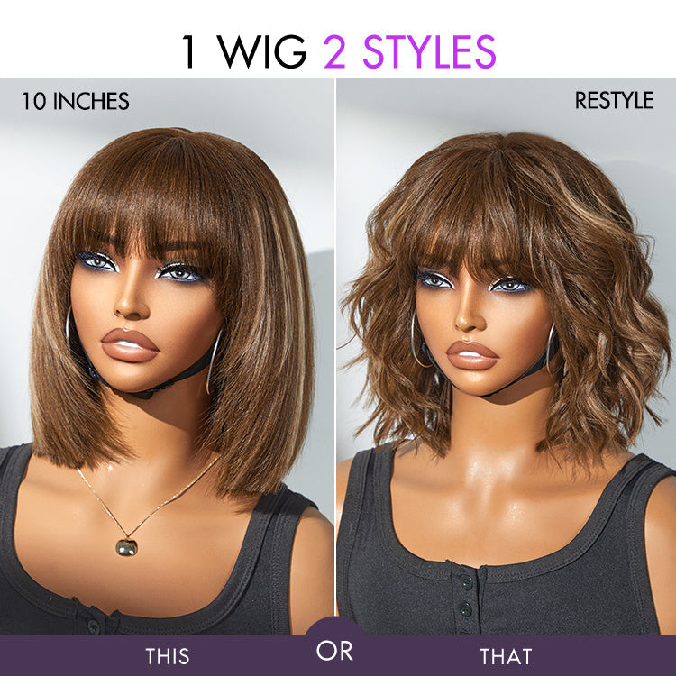 Put On and Go Brown Highlight / Natural Black Layered Cut Yaki Straight Minimalist Lace Bob Wig with Bangs