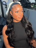 A model displays the UNice 3 Pcs Brazilian Body Wave Bundles - Full Install Ready, 100% Virgin Soft Human, showing a model with long hair in a salon and body wave.