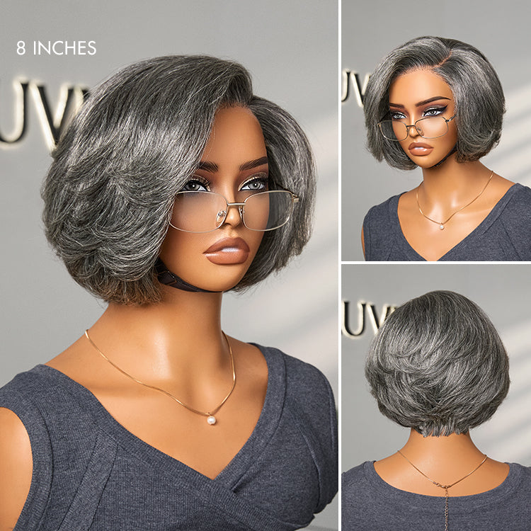 Worth I Boss Vibe Salt & Pepper Layered Bob Glueless Pre-Cut Minimalist Lace Grey Wig