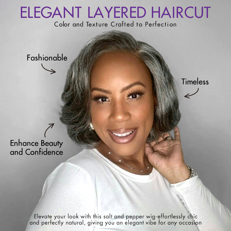 Worth I Boss Vibe Salt & Pepper Layered Bob Glueless Pre-Cut Minimalist Lace Grey Wig