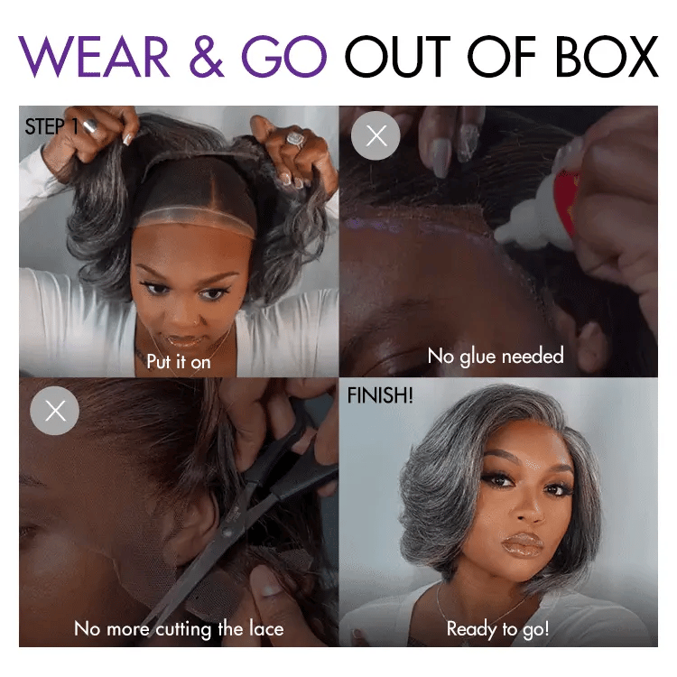 Worth I Boss Vibe Salt & Pepper Layered Bob Glueless Pre-Cut Minimalist Lace Grey Wig