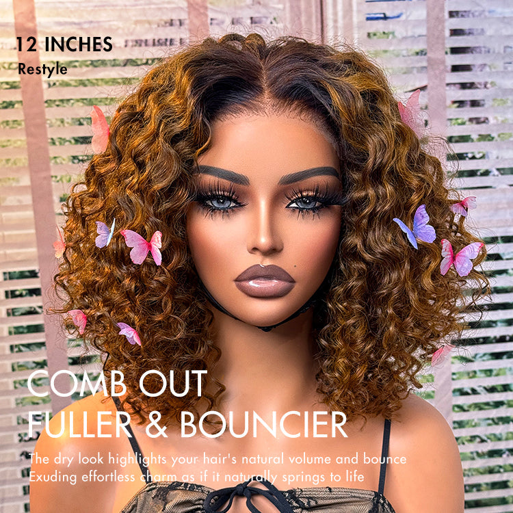 Outlet I Brown Highlight Deep Curly Glueless 5x5 Closure Pre-Cut Lace Wig