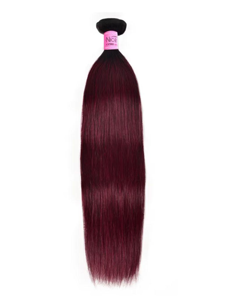 The UNice Hair High Quality Novel #TB99J Straight & Body Wave Virgin Hair 1 Bundle for image highlights cenm, burgundy straight hair extensions and body wave texture.