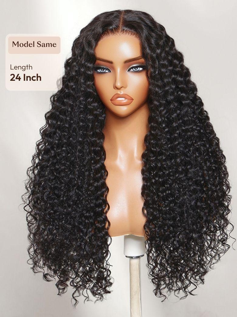 A model displays the UNice 13x4 Bye Bye Slip Lace Frontal Glueless Black Voluminous Deep Curly Wig With, showing a wig with curly hair on a mann mann and curly texture.
