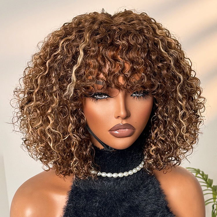 Special | Beginner Friendly Ash Blonde Highlights Water Wave True Scalp Minimalist Lace Glueless Curly Wig with Bangs