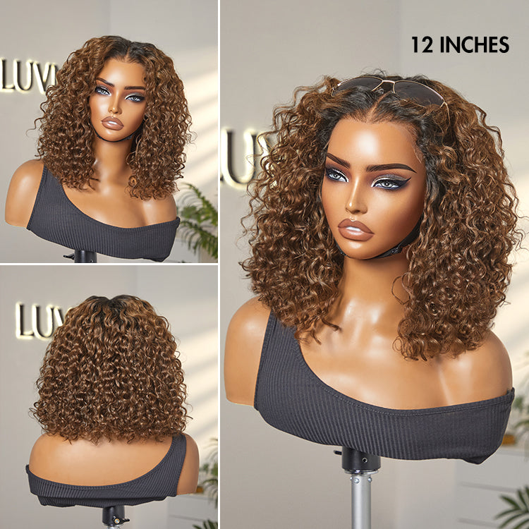 1 SEC INSTALL WIG | Ombre Brown Highlight / Natural Black Deep Curly Glueless 5x5 Closure Lace Wig Pre-Cut Lace