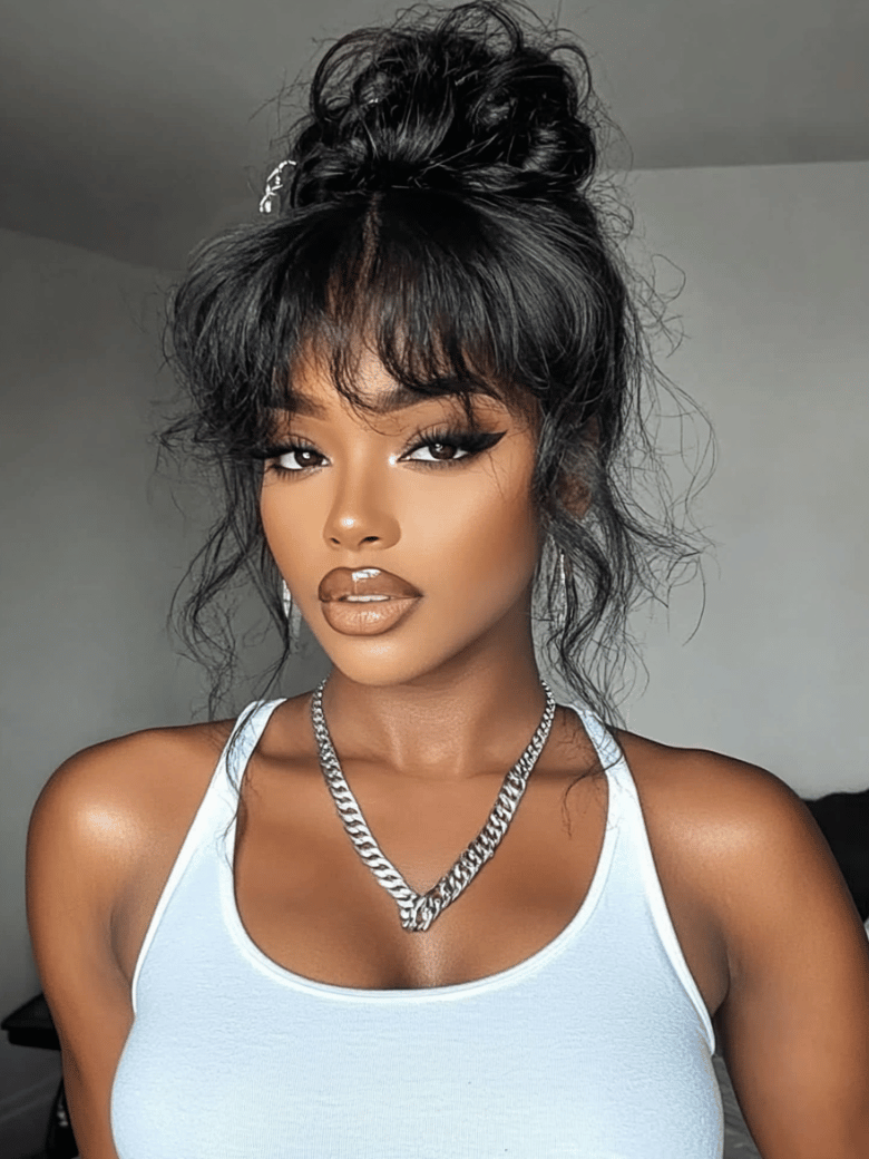 A model displays the UNice 13x4 Pre-Everything Lace Frontal Black Fluffy Natural Loose Wave with Curtain, showing a model with a white tank top and black hair and loose.
