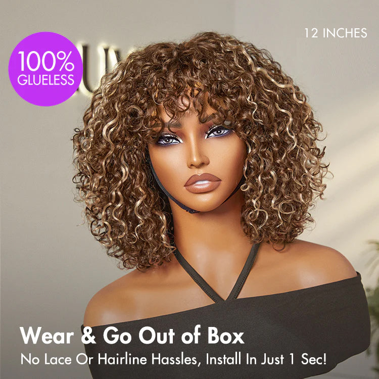 Special | Beginner Friendly Ash Blonde Highlights Water Wave True Scalp Minimalist Lace Glueless Curly Wig with Bangs
