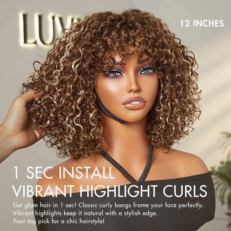 Outlet | Beginner Friendly Ash Blonde Highlights Water Wave True Scalp Minimalist Lace Glueless Curly Wig with Bangs