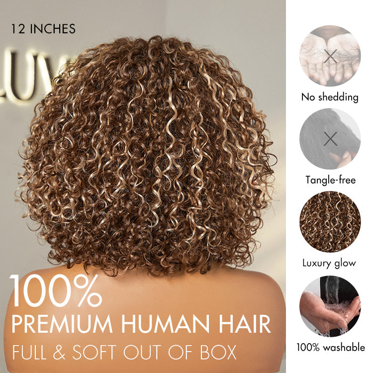 Outlet | Beginner Friendly Ash Blonde Highlights Water Wave True Scalp Minimalist Lace Glueless Curly Wig with Bangs