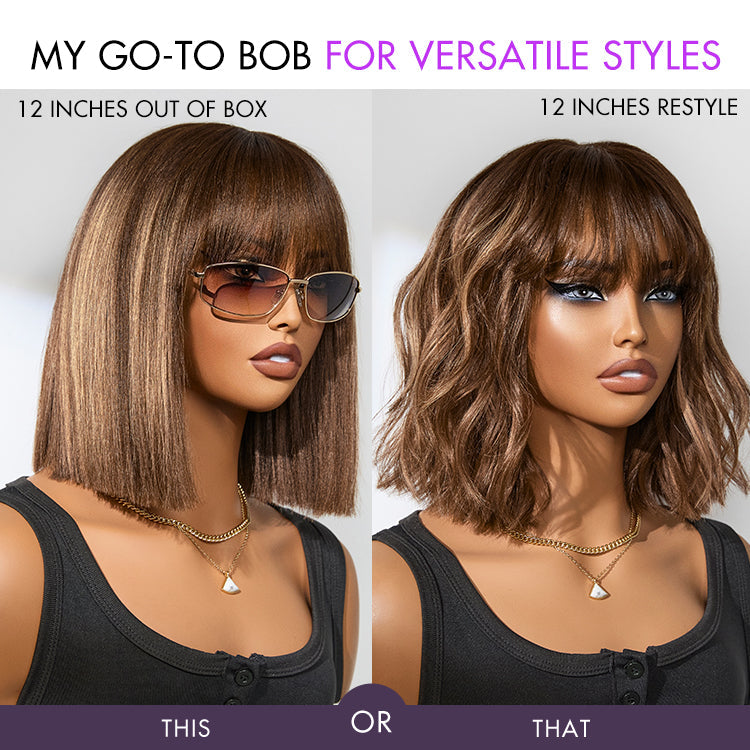 Worth | Ash Blonde Highlights Yaki Blunt Cut Bob Wig with Bangs Glueless Minimalist Lace Short Wig Breathable Cap