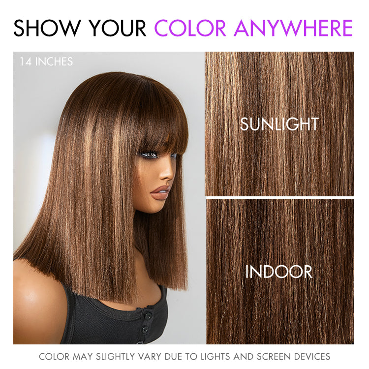 Worth | Ash Blonde Highlights Yaki Blunt Cut Bob Wig with Bangs Glueless Minimalist Lace Short Wig Breathable Cap