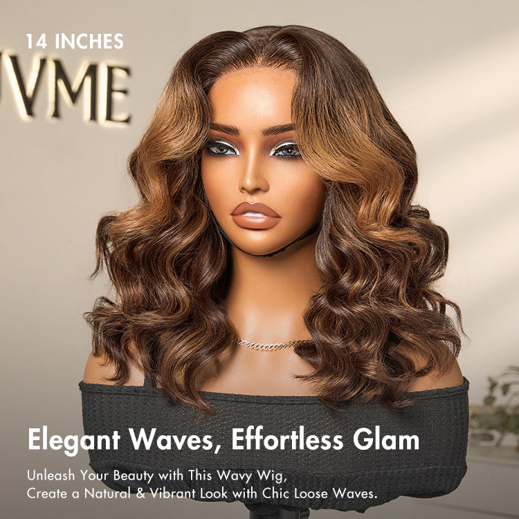Special Deal I Elegant Brown Ombre Loose Wave Minimalist HD Lace Glueless Short Wig 100% Human Hair Pre-Cut Lace