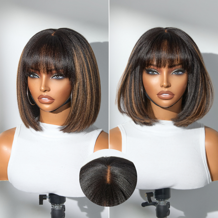 Worth | Put On and Go Brown Highlight Yaki Bob with Bangs Glueless Minimalist Lace Wig Breathable Cap