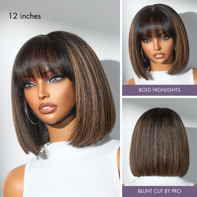 Worth | Put On and Go Brown Highlight Yaki Bob with Bangs Glueless Minimalist Lace Wig Breathable Cap
