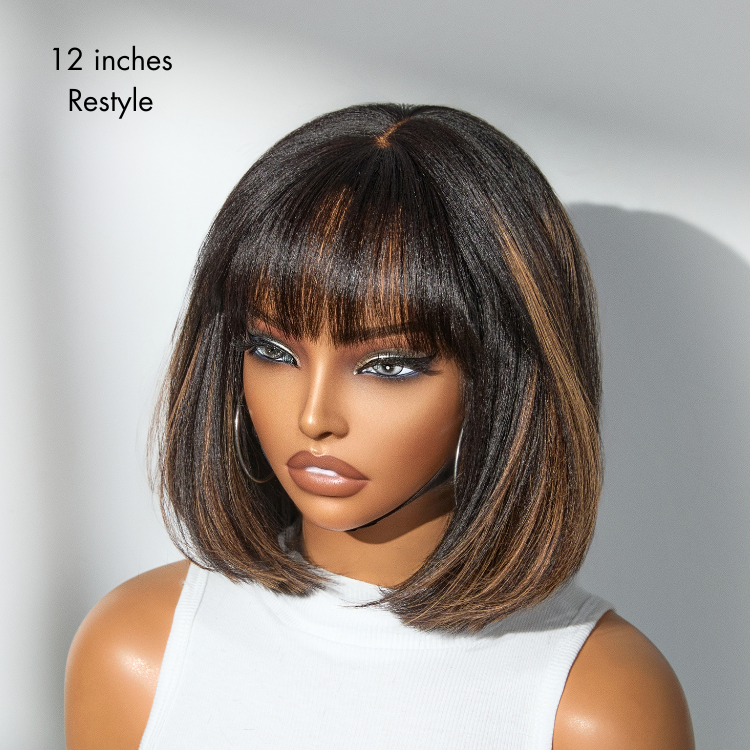 Worth | Put On and Go Brown Highlight Yaki Bob with Bangs Glueless Minimalist Lace Wig Breathable Cap