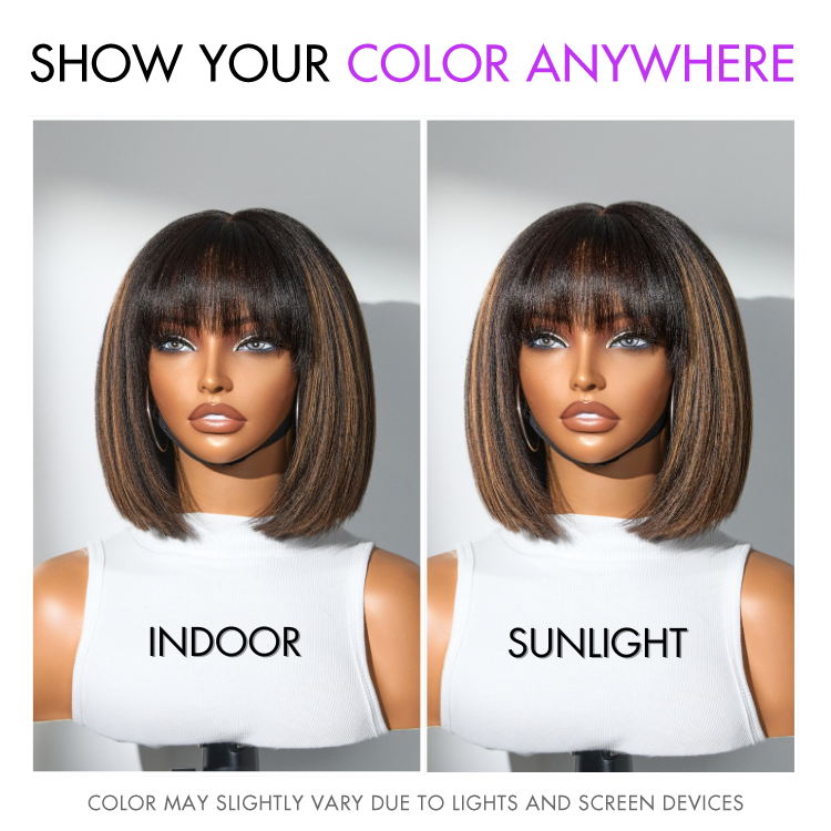 Worth | Put On and Go Brown Highlight Yaki Bob with Bangs Glueless Minimalist Lace Wig Breathable Cap