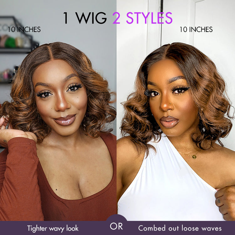 Special Deal I Elegant Brown Ombre Loose Wave Minimalist HD Lace Glueless Short Wig 100% Human Hair Pre-Cut Lace