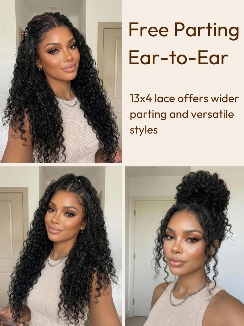 A model displays the UNice 13x4 Pre-Everything Pre-Cut HD & Transparent Lace Front Water Wave Drawstring wig, showing free parting hair extensions and water wave.