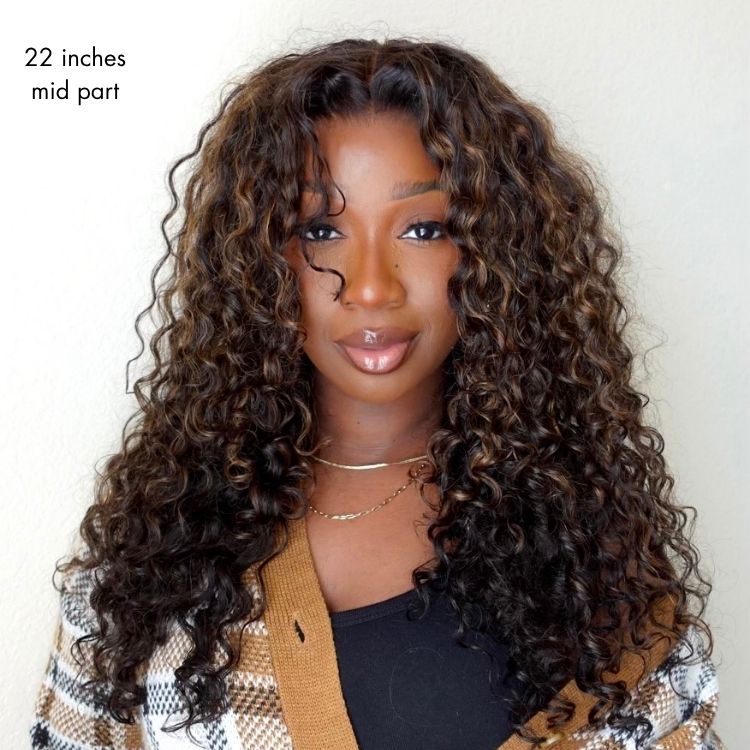 special I SouthKiss All-Day Comfort™ Wig PartingMax Brown Highlights Funmi Curly 7x6 Closure HD Lace Glueless Wig Pre Cut Lace