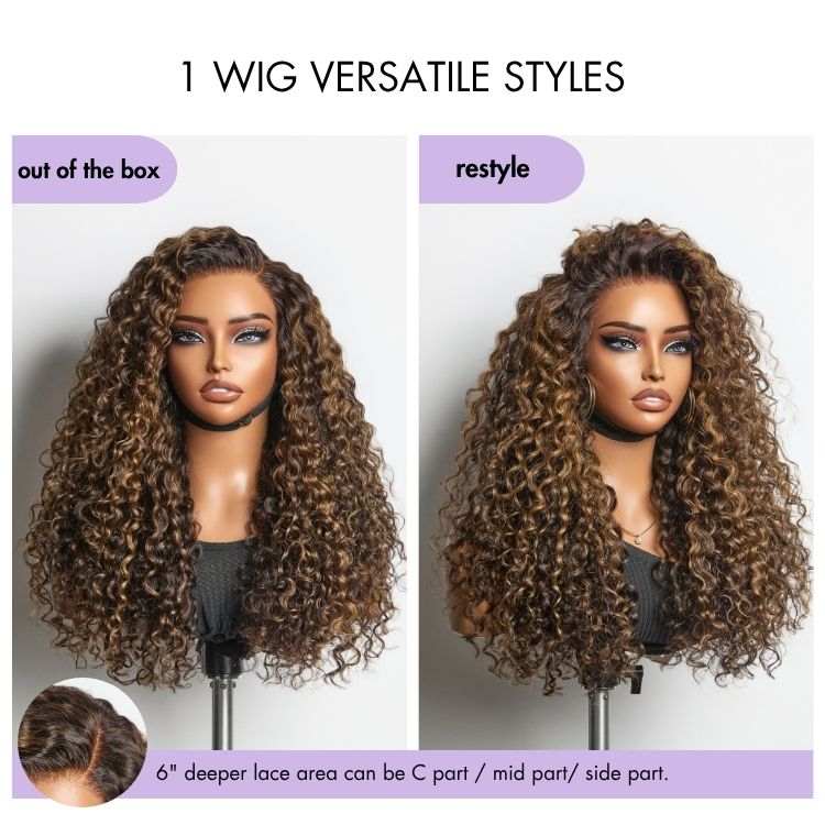 OUTLET | SouthKiss All-Day Comfort™ Wig PartingMax Brown Highlights Funmi Curly 7x6 Closure HD Lace Glueless Wig Pre Cut Lace