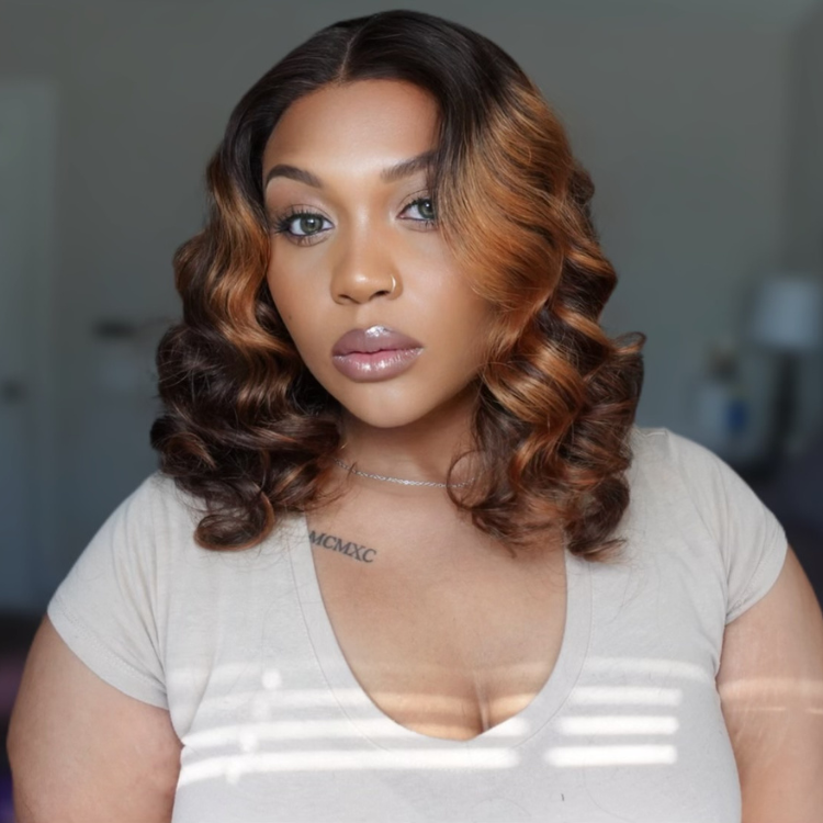 Worth | Elegant Brown Ombre Loose Wave Minimalist HD Lace Glueless Short Wig 100% Human Hair