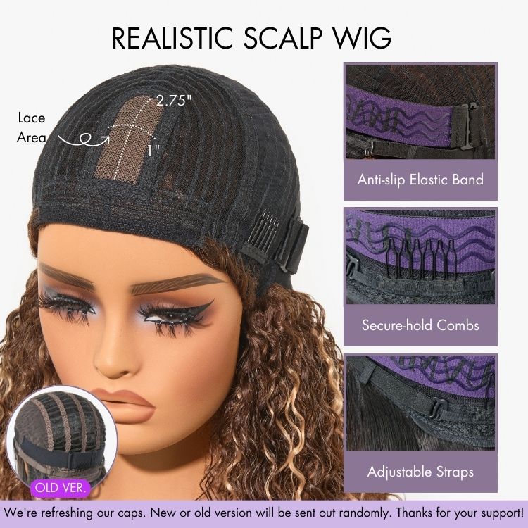 Worth | Brown Highlight Water Wave Natural Scalp Glueless Minimalist Lace Short Curly Wig with Bangs