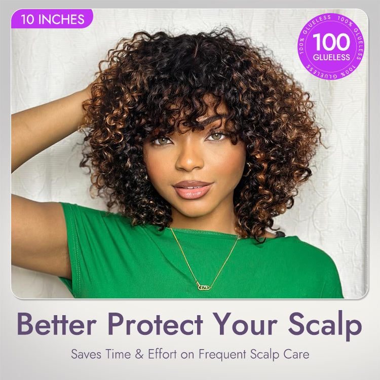 Worth | Brown Highlight Water Wave Natural Scalp Glueless Minimalist Lace Short Curly Wig with Bangs
