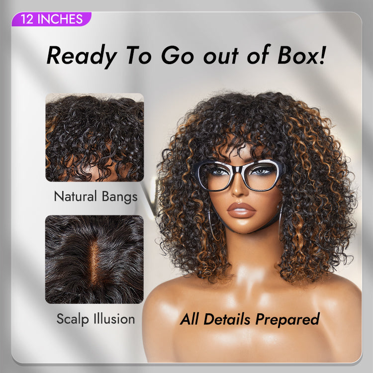 Worth | Brown Highlight Water Wave Natural Scalp Glueless Minimalist Lace Short Curly Wig with Bangs