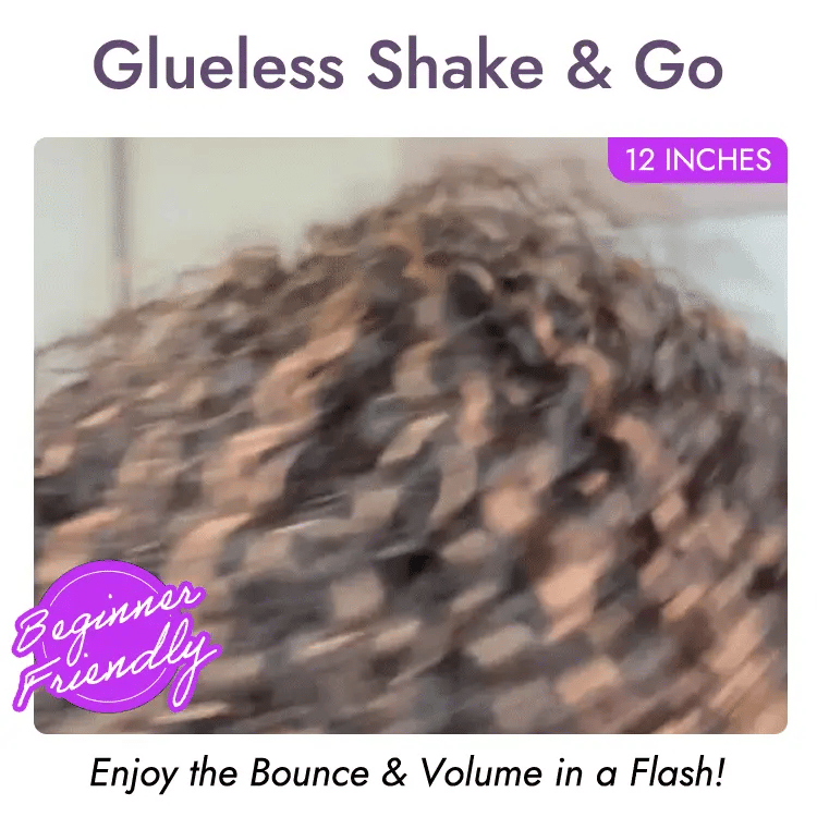 Worth | Brown Highlight Water Wave Natural Scalp Glueless Minimalist Lace Short Curly Wig with Bangs