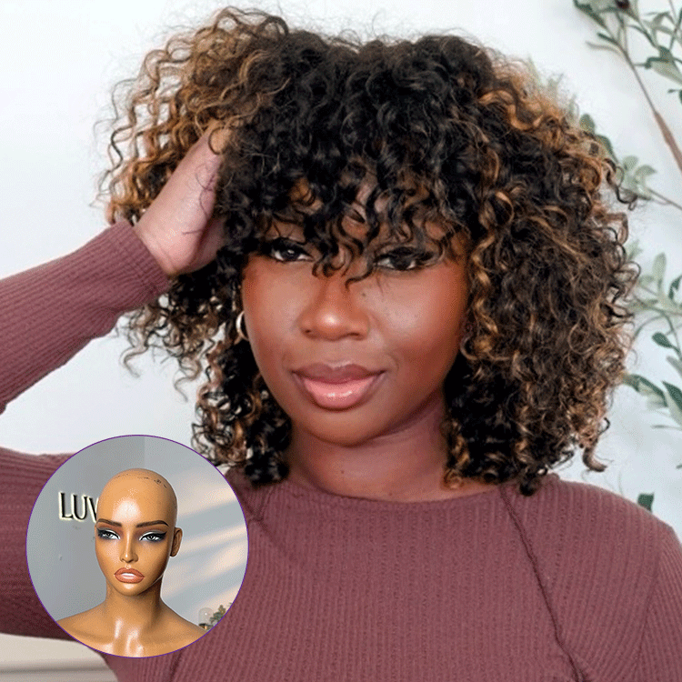 Worth | Brown Highlight Water Wave Natural Scalp Glueless Minimalist Lace Short Curly Wig with Bangs