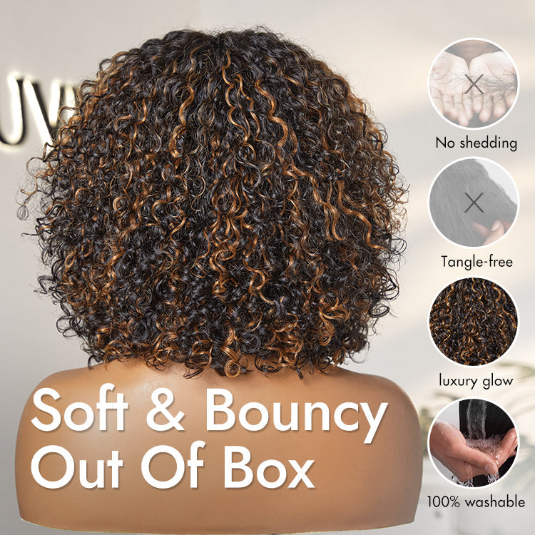 Worth | Brown Highlight Water Wave Natural Scalp Glueless Minimalist Lace Short Curly Wig with Bangs