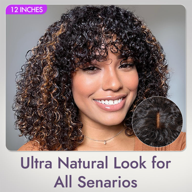 Worth | Brown Highlight Water Wave Natural Scalp Glueless Minimalist Lace Short Curly Wig with Bangs