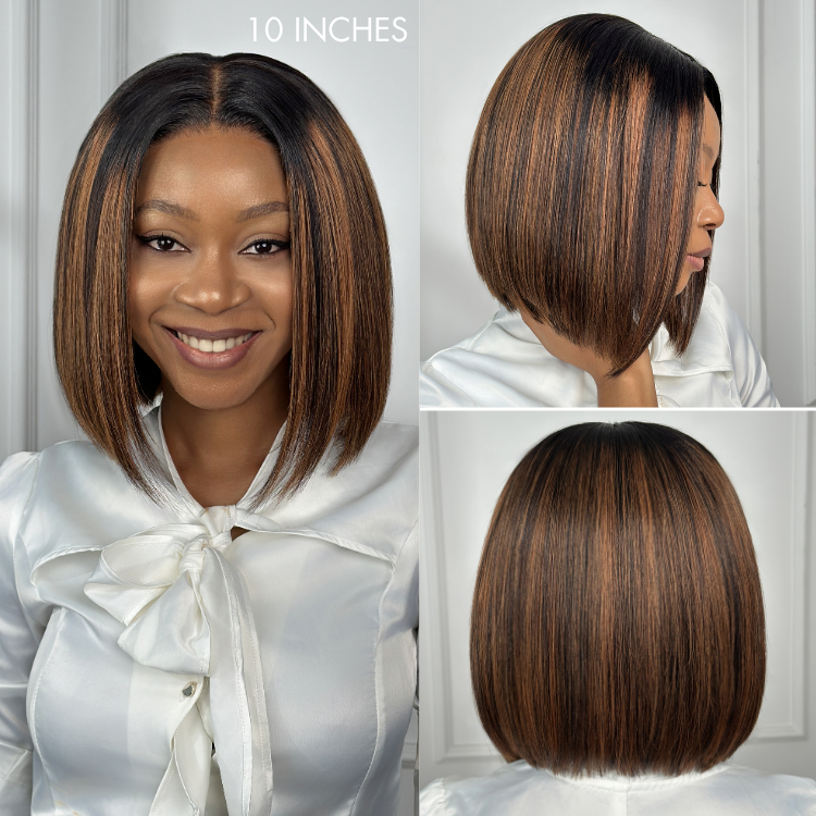 [relowh]'s Special Link PreMax Wigs | Brown Highlight Silky Blunt Cut Bob Glueless Lace Wig With Pre-Bleached Pre-Plucked Pre-Cut Lace