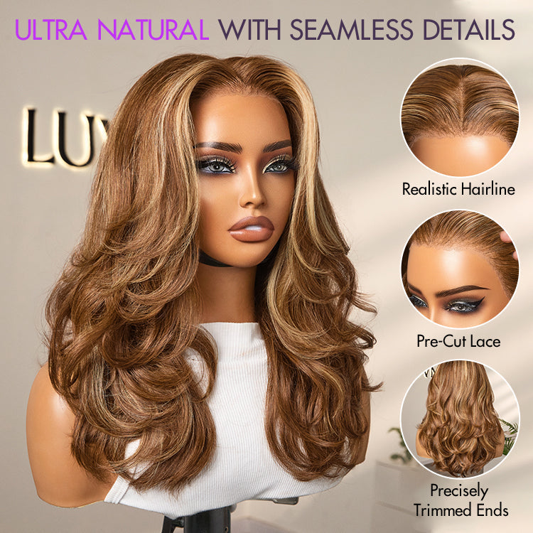 PreMax Blonde Highlight Layered Body Wave Glueless 13x4 Frontal Lace Long Wig Human Hair Pre-Cut Lace