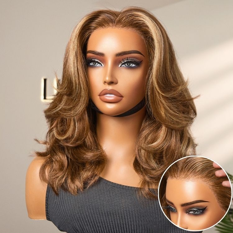 PreMax Blonde Highlight Layered Body Wave Glueless 13x4 Frontal Lace Long Wig Human Hair Pre-Cut Lace