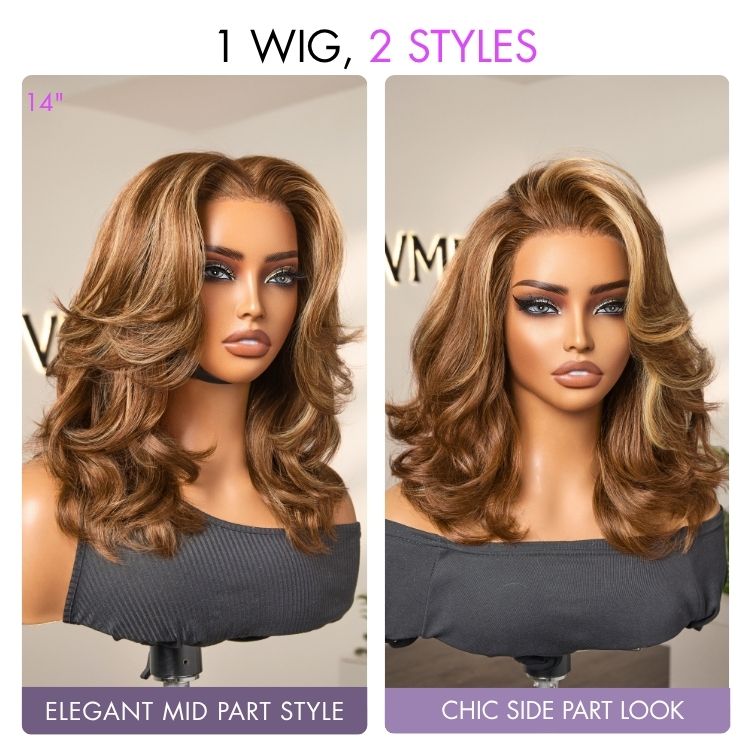 PreMax Blonde Highlight Layered Body Wave Glueless 13x4 Frontal Lace Long Wig Human Hair Pre-Cut Lace