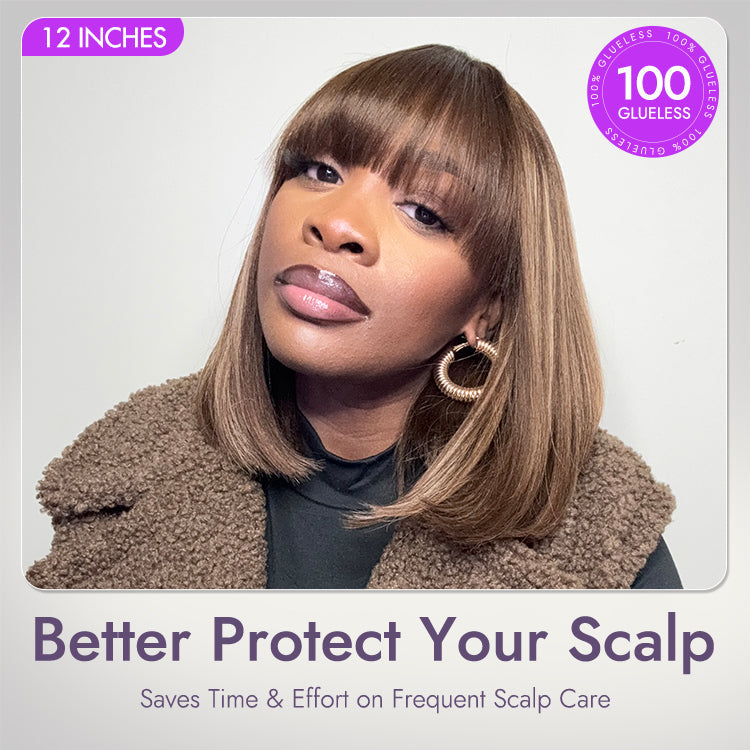 Worth | Ash Blonde Highlights Yaki Blunt Cut Bob Wig with Bangs Glueless Minimalist Lace Short Wig Breathable Cap