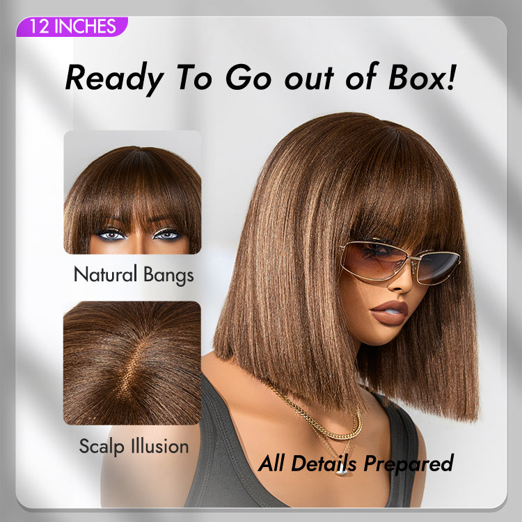 Worth | Ash Blonde Highlights Yaki Blunt Cut Bob Wig with Bangs Glueless Minimalist Lace Short Wig Breathable Cap