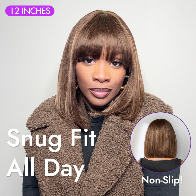 Worth | Ash Blonde Highlights Yaki Blunt Cut Bob Wig with Bangs Glueless Minimalist Lace Short Wig Breathable Cap