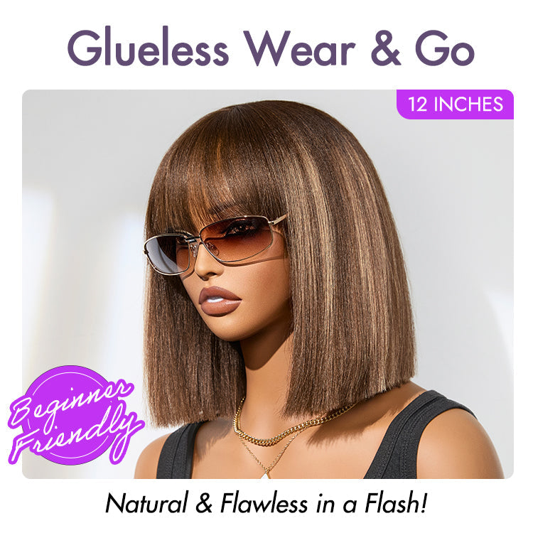Worth | Ash Blonde Highlights Yaki Blunt Cut Bob Wig with Bangs Glueless Minimalist Lace Short Wig Breathable Cap