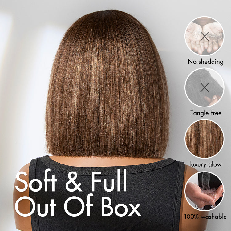 Worth | Ash Blonde Highlights Yaki Blunt Cut Bob Wig with Bangs Glueless Minimalist Lace Short Wig Breathable Cap