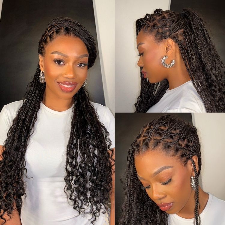 Outlet| Flexi-Fit Invisi Drawstring Cap Full Lace Knotless Boho Curls Braided Long Wig Super Natural Scalp