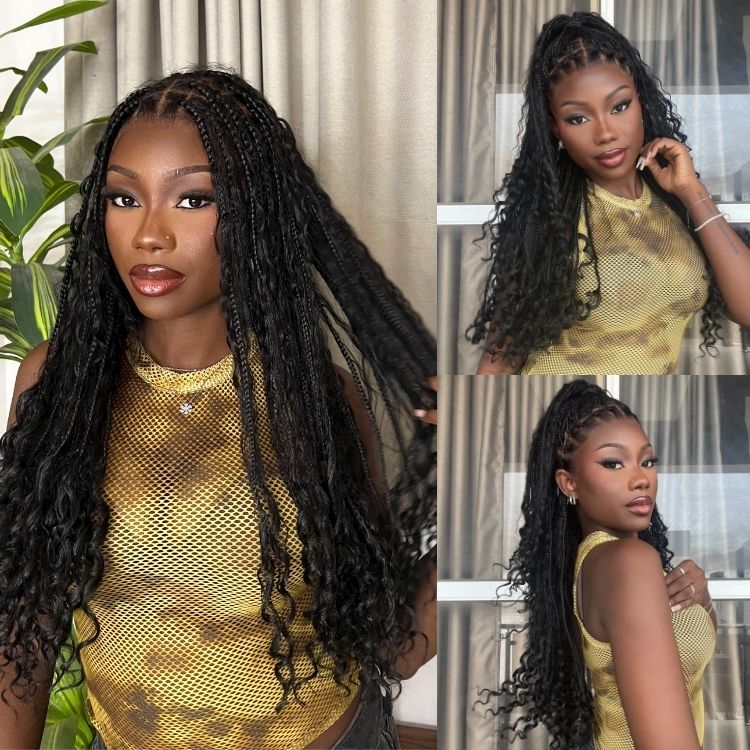 Outlet| Flexi-Fit Invisi Drawstring Cap Full Lace Knotless Boho Curls Braided Long Wig Super Natural Scalp