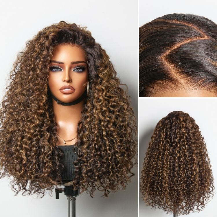 OUTLET | SouthKiss All-Day Comfort™ Wig PartingMax Brown Highlights Funmi Curly 7x6 Closure HD Lace Glueless Wig Pre Cut Lace