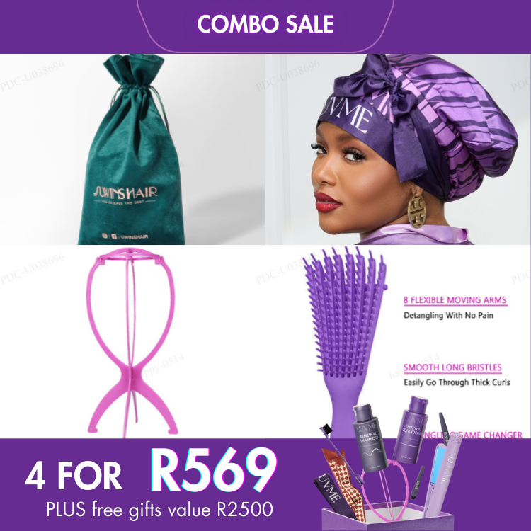 4 For 1 | Plush Bag For Storing wigs + Detangle Brush + Double Layer Silk Sleep Cap + Travel Wig Stand
